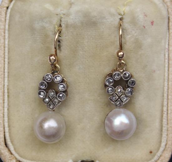 ANTIQUE PEARL AND DIAMOND EARRINGS.