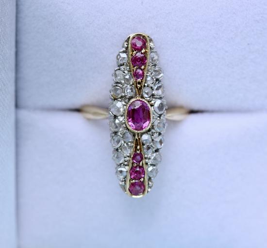 ANTIQUE RUBY AND DIAMOND MARQUISE ENGAGEMENT RING