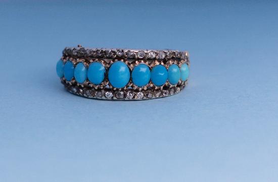 ANTIQUE TURQUOISE AND DIAMOND HALF HOOP RING