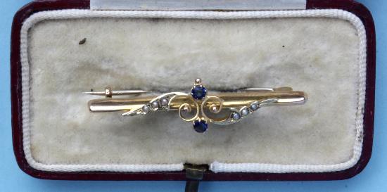 SAPPHIRE AND SEED PEARL BAR BROOCH