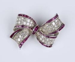 Art Deco Ruby And Diamond Ribbon Bow Brooch