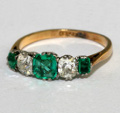 Victorian 5 Stone Diamond and Emerald Engagement Ring