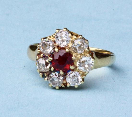 ANTIQUE RUBY AND DIAMOND CLUSTER ENGEGEMENT RING