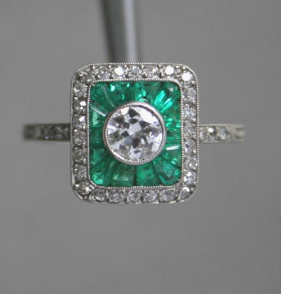 ART DECO FRENCH EMERALD AND DIAMOND ENGAGEMENT RING