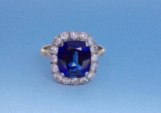 LARGE SYNTHETIC SAPPHIRE AND DIAMOND  CLUSTER  RING