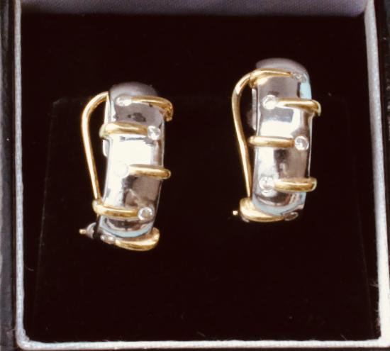 MODERN TWO COLOUR GOLD AND DIAMOND HUGGY EARRINGS