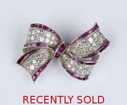 Art Deco Ruby And Diamond Ribbon Bow Brooch